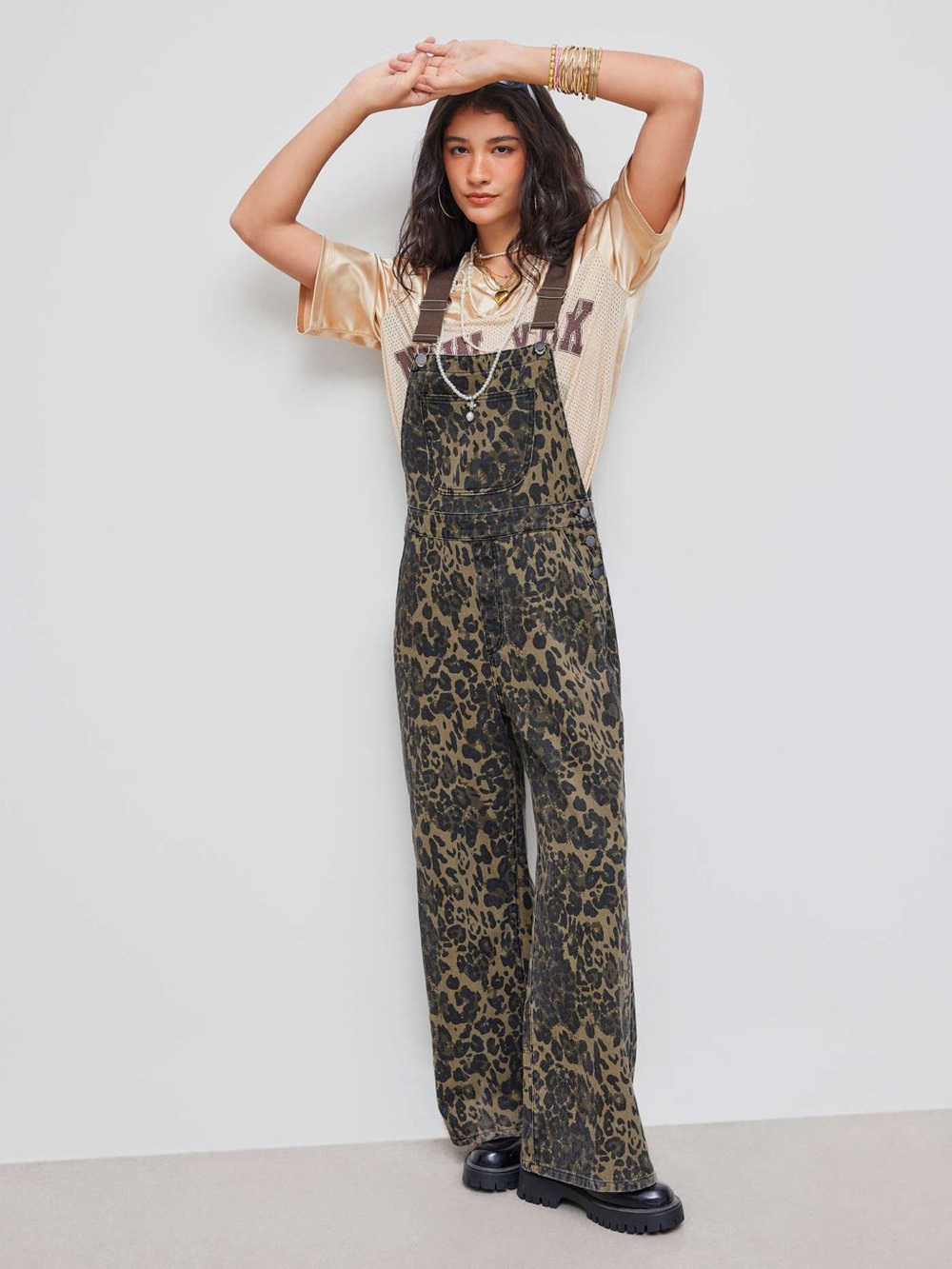 Cider Leopard Print Wide-Leg cargo Overalls size medium